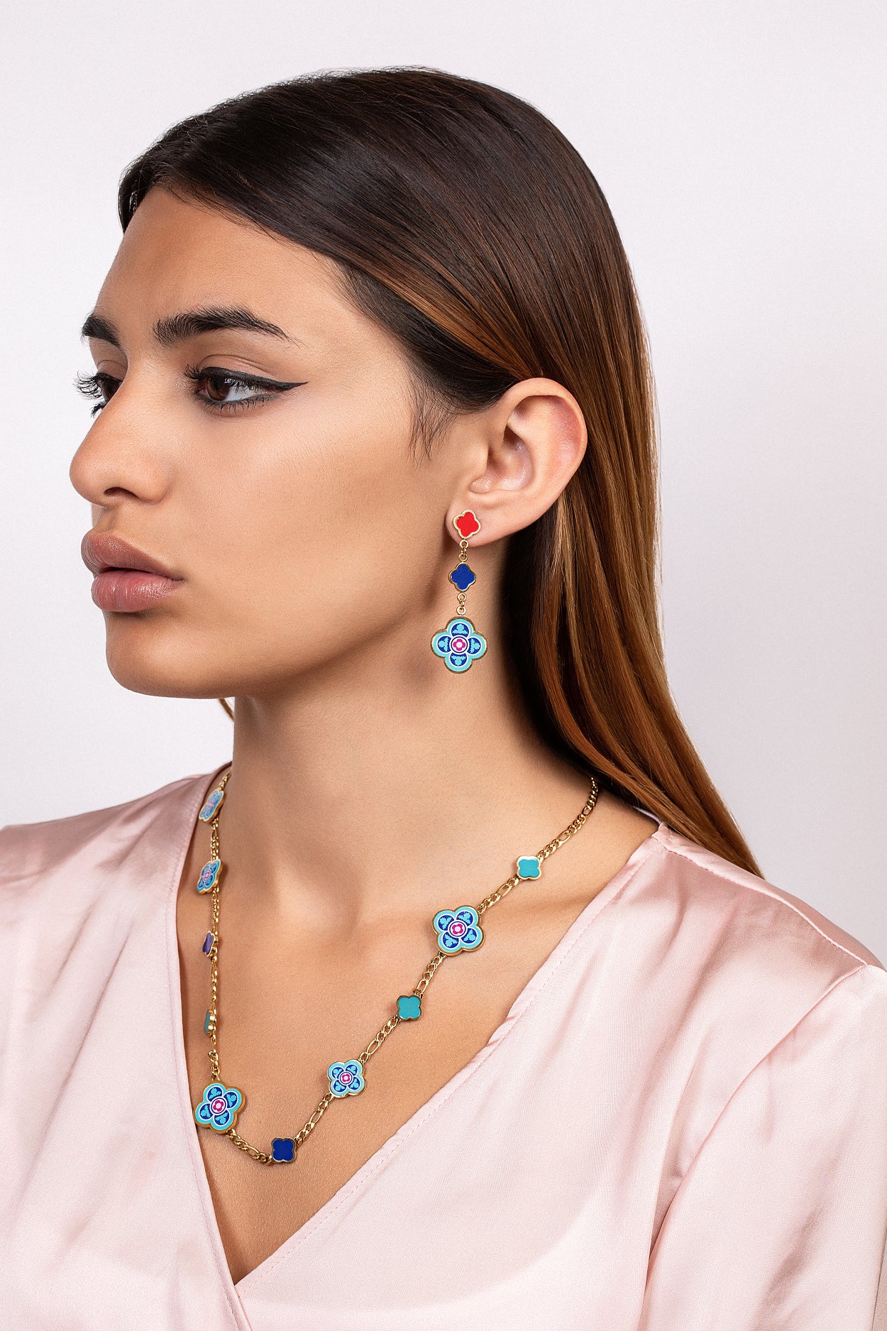 Lellux Maltese Tile Blue &amp; Fuchsia Chain Necklace &amp; Stud Earring Set