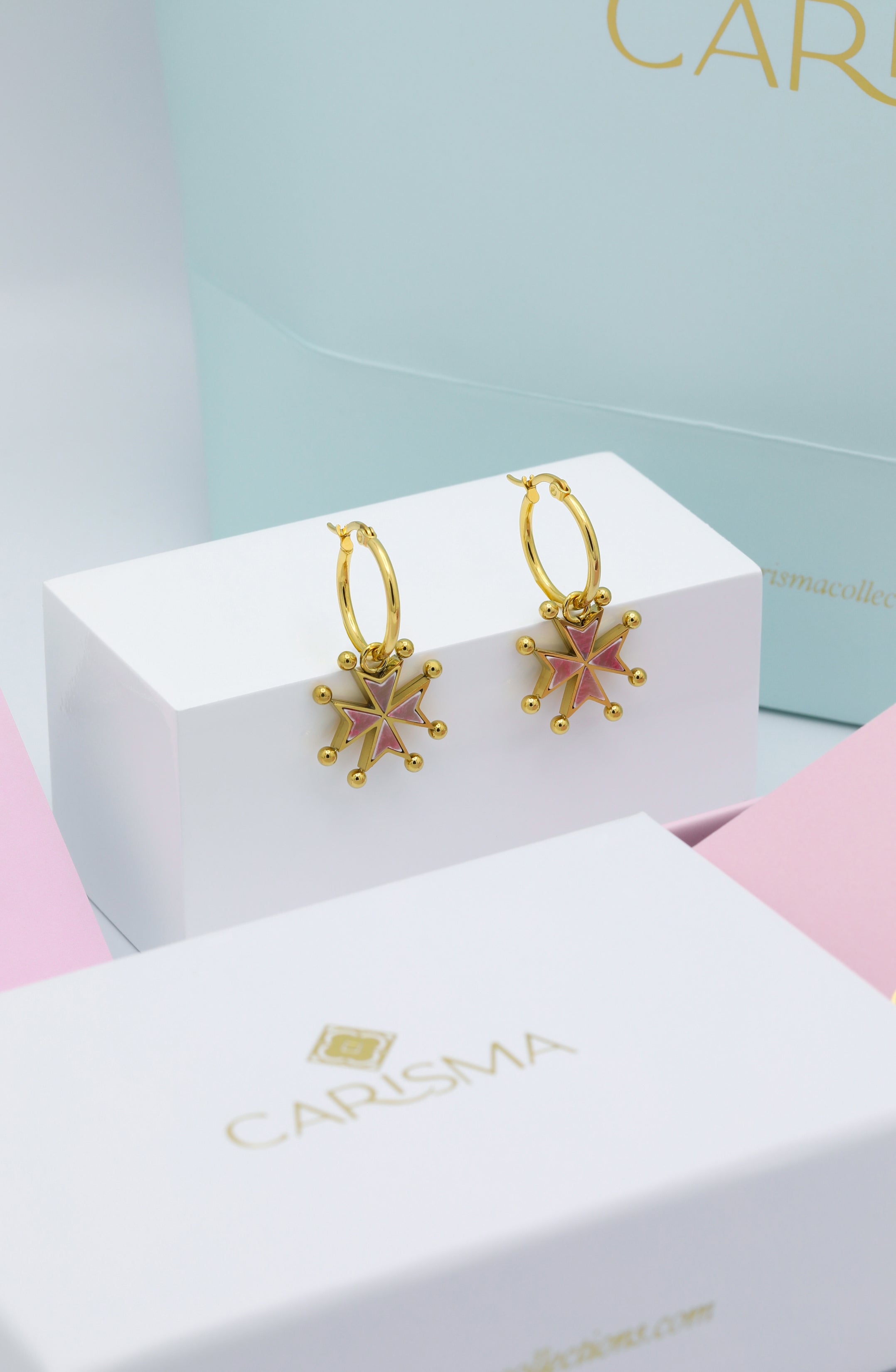 Pink Marble Stone Maltese Cross Pendant Earrings Gift Set